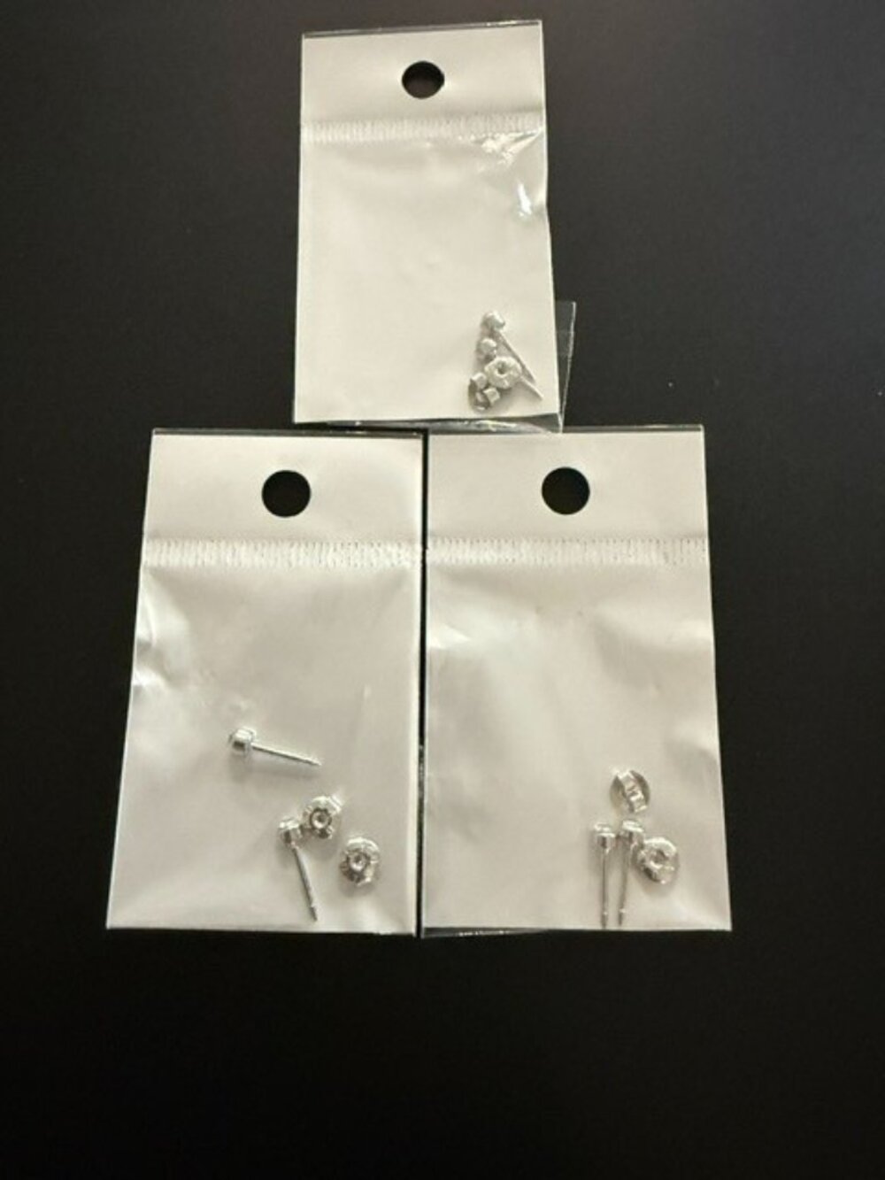3 Pairs Bezel Sharp Back Starter Stud Earrings Silver Tone USA Butterfly Back